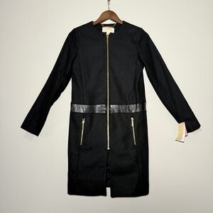 Michael Kors Wool Coat Straight Fit Round Neck Collarless Leather Gold Accent